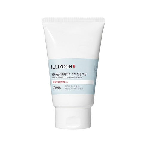 ILLIYOON Ceramide Ato Concentrate Cream 200ml tube on a clean background, highlighting dermatologist-tested, sensitive-skin-safe packaging.