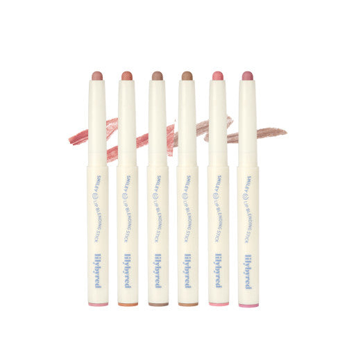Set of six Lilybyred Smiley Lip Blending Stick 0.8g lip pencils with color swatches, ideal for defining, shaping, and coloring lips.