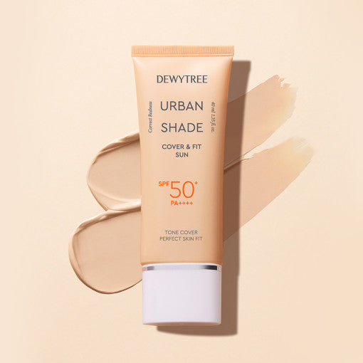 DEWYTREE Urban Shade Sun SPF50+ PA++++ displayed with product texture swatch, showing lightweight coverage.