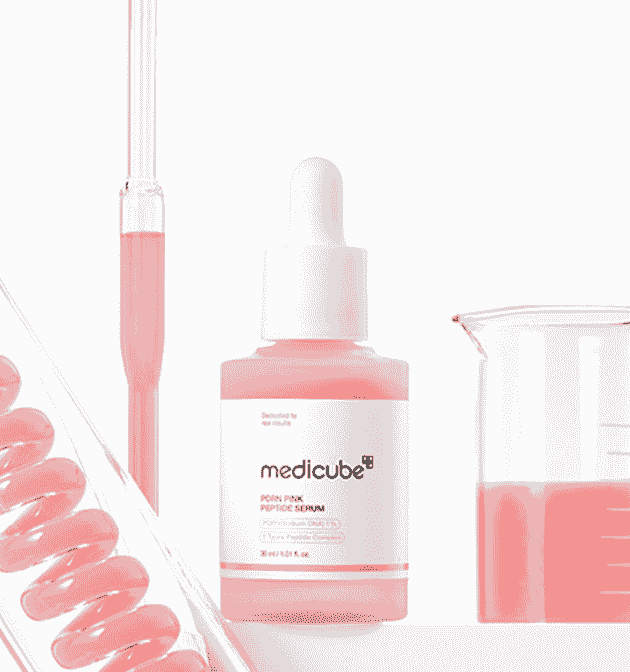 30ml medicube PDRN Pink Peptide Serum in a sleek glass bottle against a neutral backdrop.