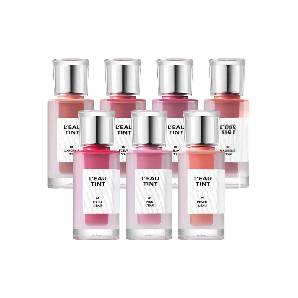 BBIA L'eau Tint 4.5g lineup featuring 7 of the 9 available shades in sleek transparent bottles with silver caps. Perfect for lip and cheek stain lovers.