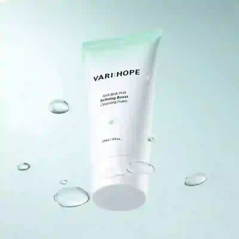 VARIHOPE Pore Deep Cleansing Foam 120ml with AHA, BHA, PHA against a light background, promoting smooth skin.