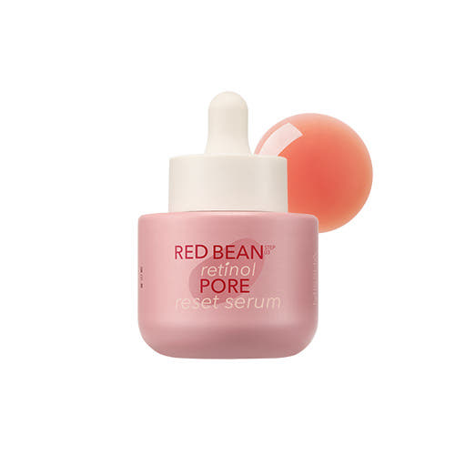MISSHA Red Bean Retinol Pore Reset Serum 30ml shown on red beans, highlighting natural ingredients for pore care and hydration.
