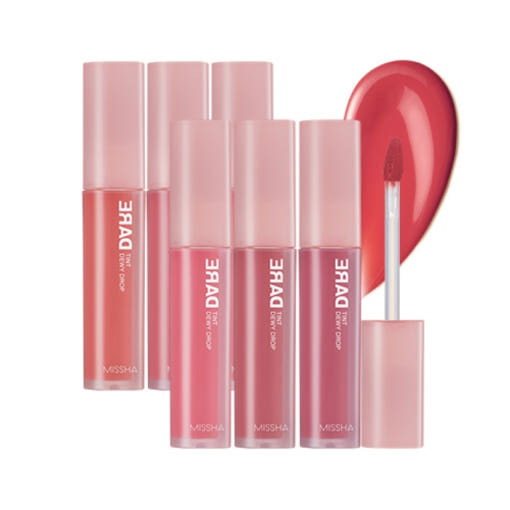 MISSHA Dare Tint Dewy Drop 4.3g in 6 vibrant shades with sleek pink packaging and doe-foot applicator for dewy, long-lasting lip color.