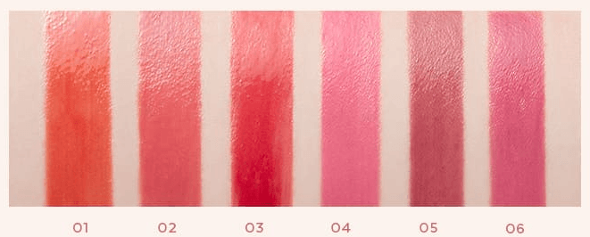 Swatches of MISSHA Dare Tint Dewy Drop 4.3g in 6 shades, from coral to berry tones, highlighting glossy, dewy finish on skin.