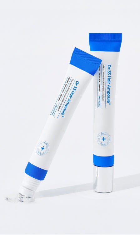 Seapuri Dr.33 Hair Ampoule 20ml hair tonic in sleek white and blue tubes, designed to combat hair loss and promote thicker, healthier hair.