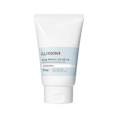 ILLIYOON Ceramide Ato Concentrate Cream 200ml tube on a clean background, highlighting dermatologist-tested, sensitive-skin-safe packaging.