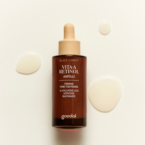 Goodal Black Carrot Vita-A Retinol Firming Ampoule 30ml shown with serum texture, designed for pore tightening and skin elasticity.
