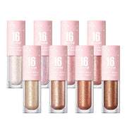 16BRAND Candy Rock Sugar Party (8colors) glitter eyeshadow set with shimmering liquid formulas in pink tubes, ideal for bold eye makeup looks.
