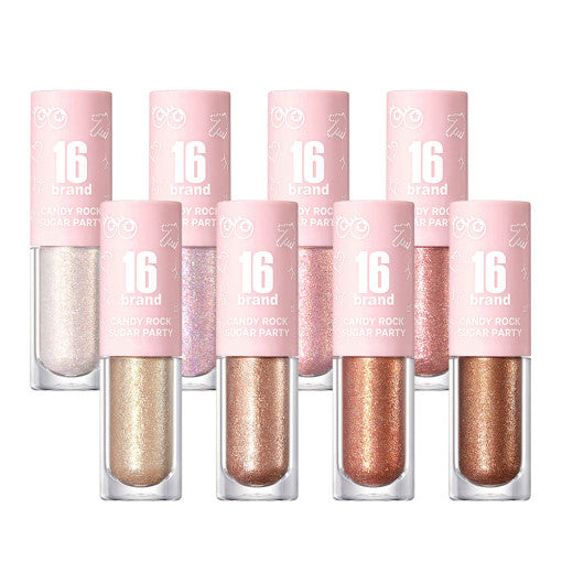 16BRAND Candy Rock Sugar Party (8colors) glitter eyeshadow set with shimmering liquid formulas in pink tubes, ideal for bold eye makeup looks.
