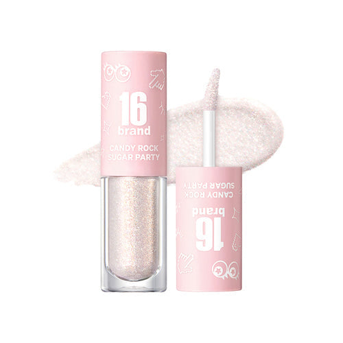 16BRAND Candy Rock Sugar Party glitter eyeshadow in pearl white shade with doe-foot applicator, perfect for highlighting aegyo-sal and inner corners.