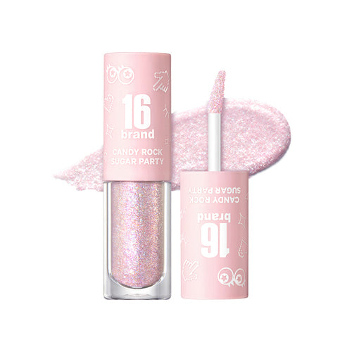 16BRAND Candy Rock Sugar Party glitter eyeshadow in iridescent pink-lavender shade, offering a sparkling finish for vibrant eye makeup.
