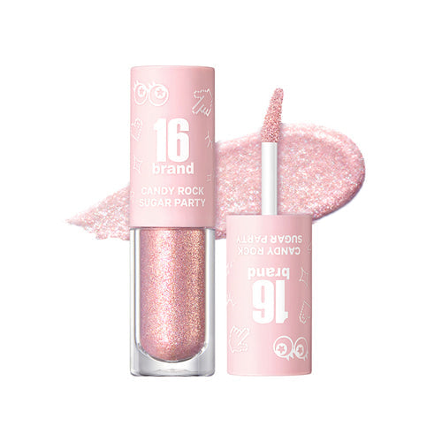 16BRAND Candy Rock Sugar Party glitter eyeshadow in soft pink shimmer, designed for a sweet and luminous eye look.