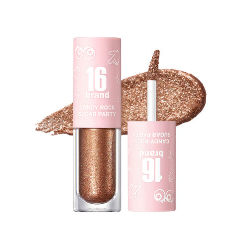 16BRAND Candy Rock Sugar Party glitter eyeshadow in deep brown shimmer, perfect for smoky, glittery eye effects with long-lasting shine.