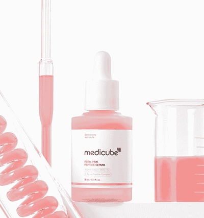 30ml medicube PDRN Pink Peptide Serum in a sleek glass bottle against a neutral backdrop.