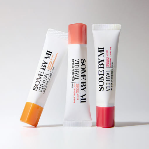 SOME BY MI V10 Hyal Lip Sun Protector 7ml lip balms in three shades with SPF 15, offering UV protection and hydration for smooth, wrinkle-free lips.