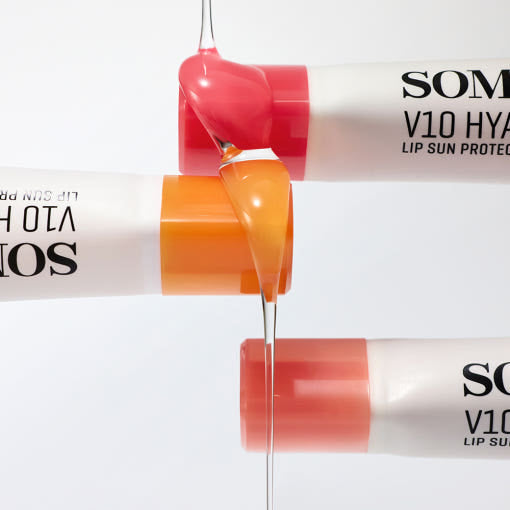 Three tubes of SOME BY MI V10 Hyal Lip Sun Protector 7ml with tinted balm textures and glossy finish, showcasing vibrant colors and nourishing formula.