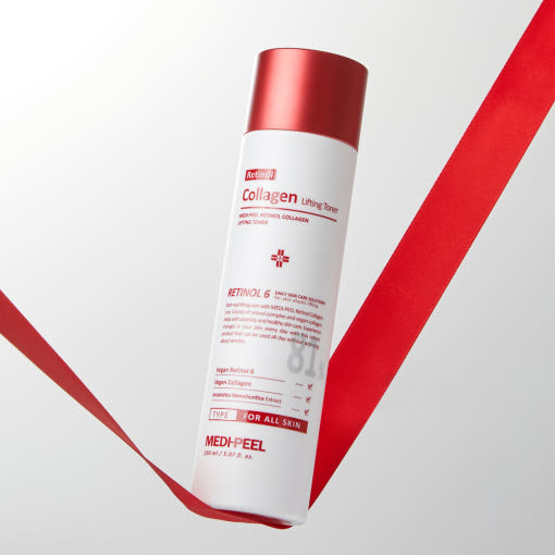 MEDIPEEL Retinol Collagen Lifting Toner 150ml displayed with skincare lab props, highlighting anti-aging and pore-tightening benefits.