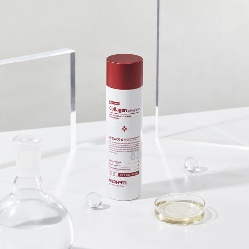 MEDIPEEL Toner - Retinol Collagen Lifting 150ml bottle on white surface with skincare props. Ideal for firming and smoothing skin before serum.