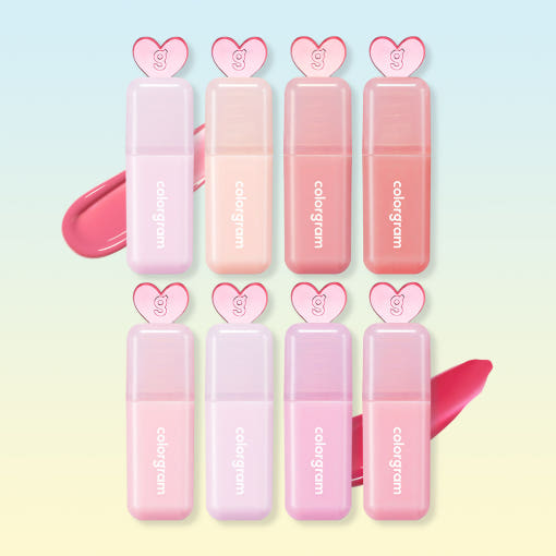 Colorgram Juicy Drop Tint 4g lip tint collection in pastel heart-shaped packaging with swatches in pink and coral shades.