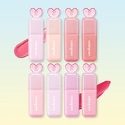 Colorgram Juicy Drop Tint 4g lip tint collection in pastel heart-shaped packaging with swatches in pink and coral shades.