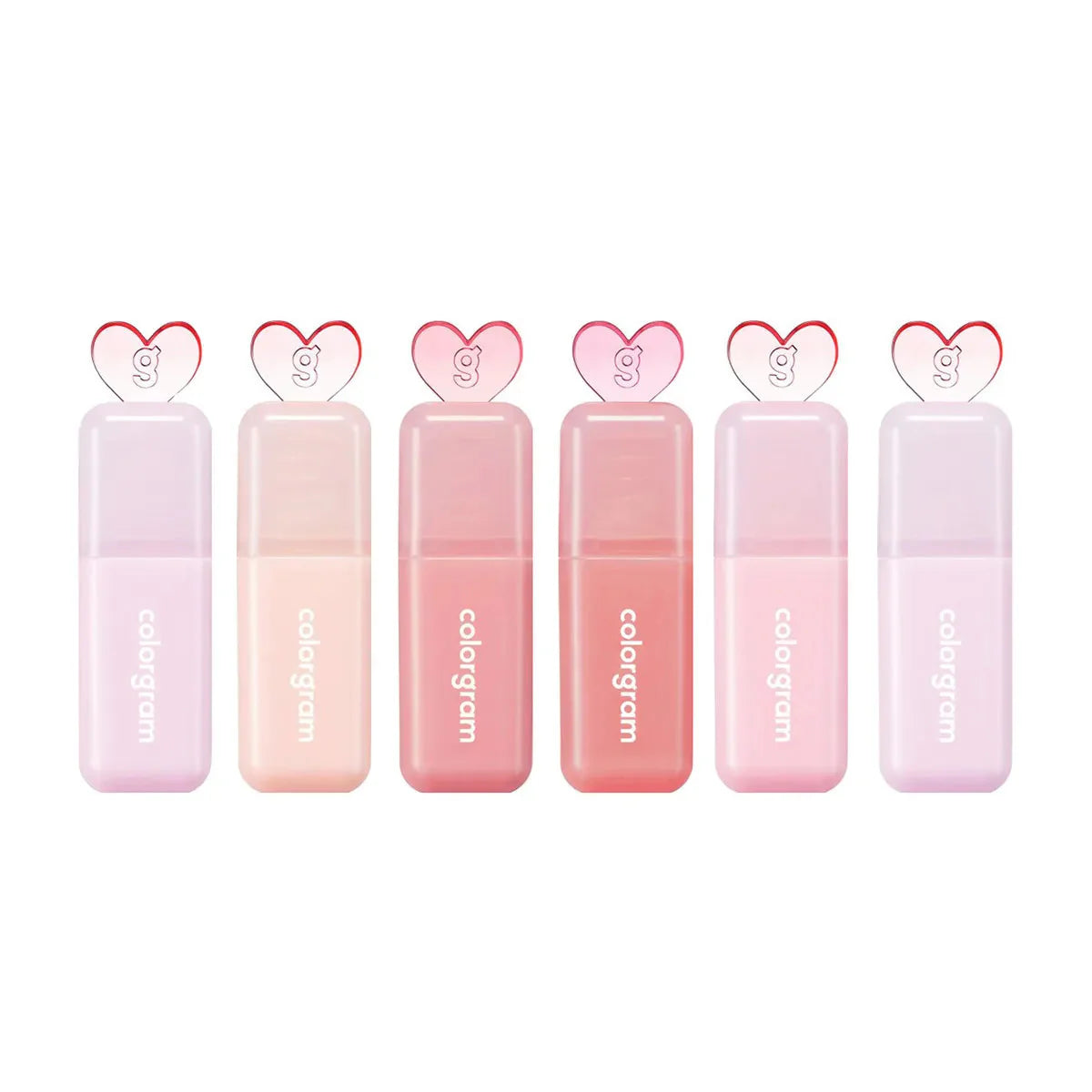 Six Colorgram Juicy Drop Tint 4g lip tints in gradient pastel packaging with heart-shaped caps, ideal for hydrating lip color.