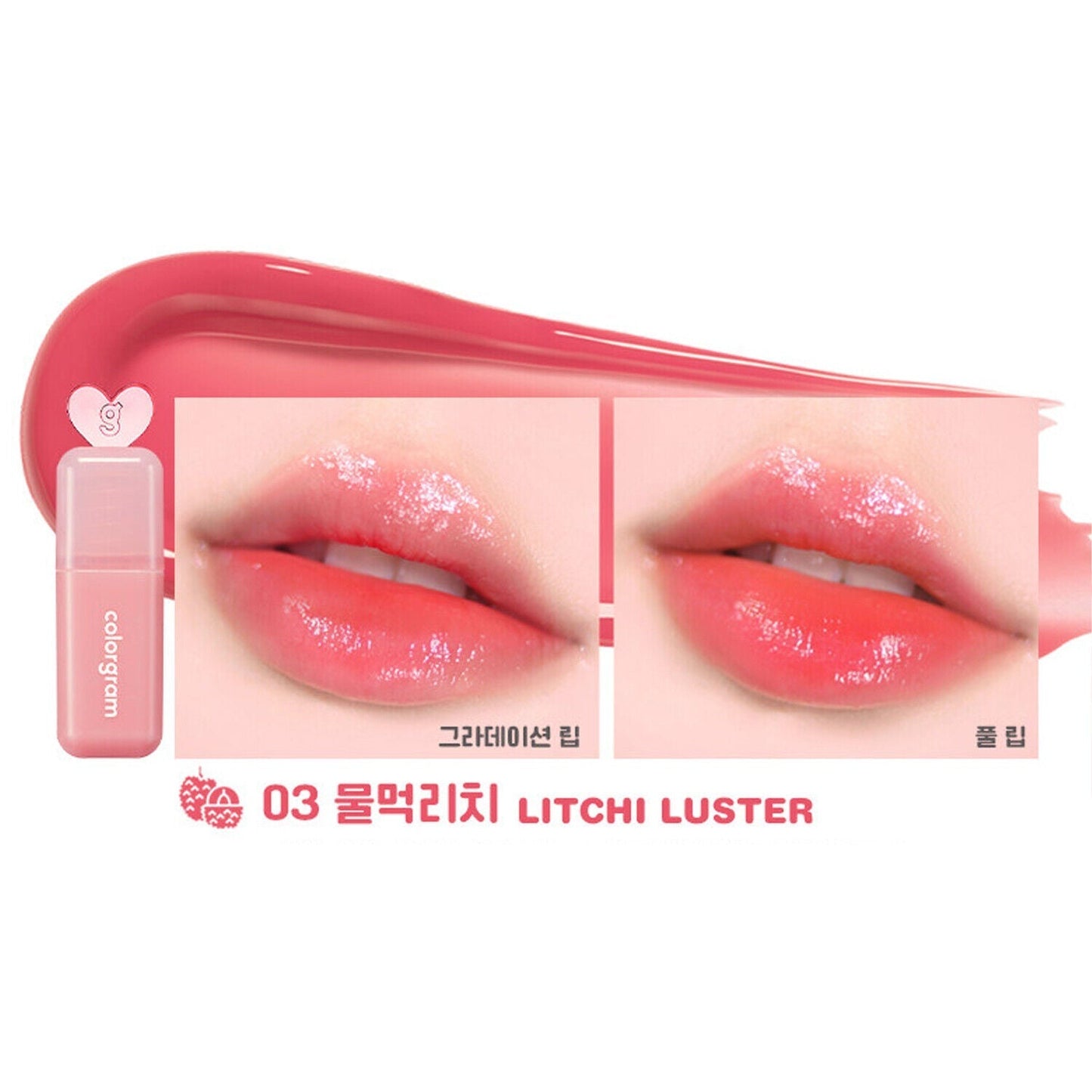 Litchi Luster shade of Colorgram Juicy Drop Tint 4g with coral-pink lip swatches in gradient and full coverage for a dewy finish.
