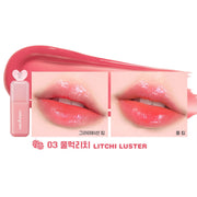 Colorgram Juicy Drop Tint 4g in Litchi Luster shade with gradient and full lip swatches showing glossy coral-pink finish.