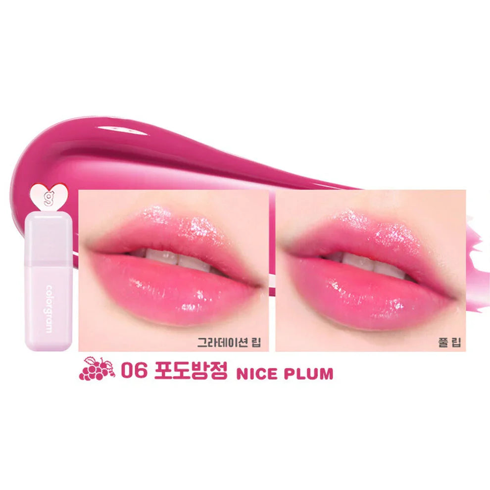 Nice Plum shade of Colorgram Juicy Drop Tint 4g with vibrant pink lip swatches in glossy gradient and full lip styles.