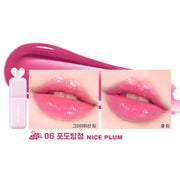 Nice Plum shade of Colorgram Juicy Drop Tint 4g with vibrant pink lip swatches in glossy gradient and full lip styles.
