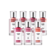 BBIA L'eau Tint 4.5g lineup featuring 7 of the 9 available shades in sleek transparent bottles with silver caps. Perfect for lip and cheek stain lovers.