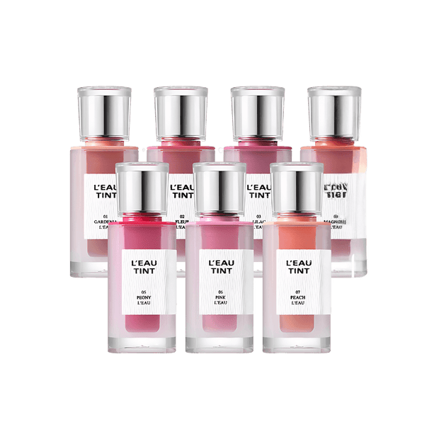 BBIA L'eau Tint 4.5g lineup featuring 7 of the 9 available shades in sleek transparent bottles with silver caps. Perfect for lip and cheek stain lovers.