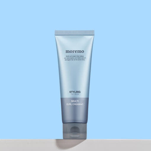 moremo For Men Multi Curl Hair Cream C 120ml tube on light blue background. Men's curl styling cream for shaping and protecting hair.