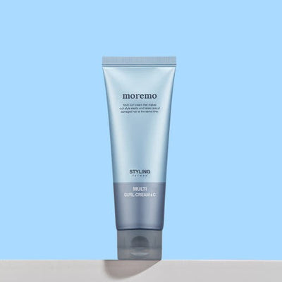 moremo For Men Multi Curl Hair Cream C 120ml tube on light blue background. Men's curl styling cream for shaping and protecting hair.