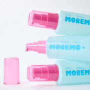 Smiling woman with healthy, shiny hair next to Moremo Pro Repair Hair Essence 80ml, promoting smoothness and shine benefits.