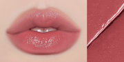 Huxley Lip Balm Leave Behind in mauve rose shade applied on lips, offering a rich, glossy tint with nourishing moisture.