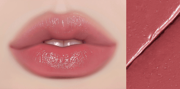 Huxley Lip Balm Leave Behind in mauve rose shade applied on lips, offering a rich, glossy tint with nourishing moisture.