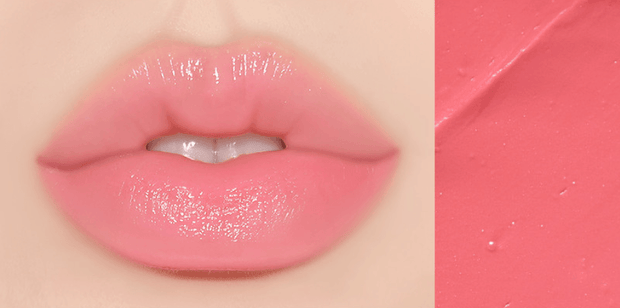Huxley Lip Balm Leave Behind in bright pink shade shown on lips, delivering a vibrant, glossy finish with skin-loving hydration.