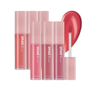 MISSHA Dare Tint Dewy Drop 4.3g in 6 vibrant shades with sleek pink packaging and doe-foot applicator for dewy, long-lasting lip color.