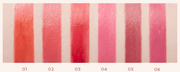Swatches of MISSHA Dare Tint Dewy Drop 4.3g in 6 shades, from coral to berry tones, highlighting glossy, dewy finish on skin.