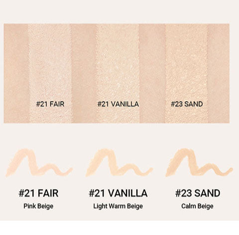 MISSHA Stay Stick Concealer High Cover 2.8g shade chart displaying #21 Fair, #21 Vanilla, and #23 Sand for targeted blemish and dark spot coverage.