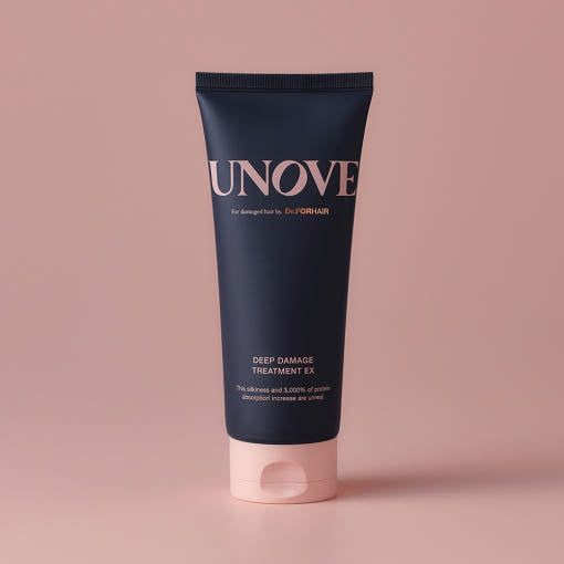 UNOVE Deep Damage Treatment EX 207ml conditioner balanced on glossy pink fingers, showcasing premium keratin hair repair formula.
