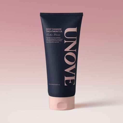 UNOVE Hair Treatment - Damage Repair | Keratin-PF 320ml conditioner shown in sleek black tube with pink cap, ideal for restoring damaged hair.